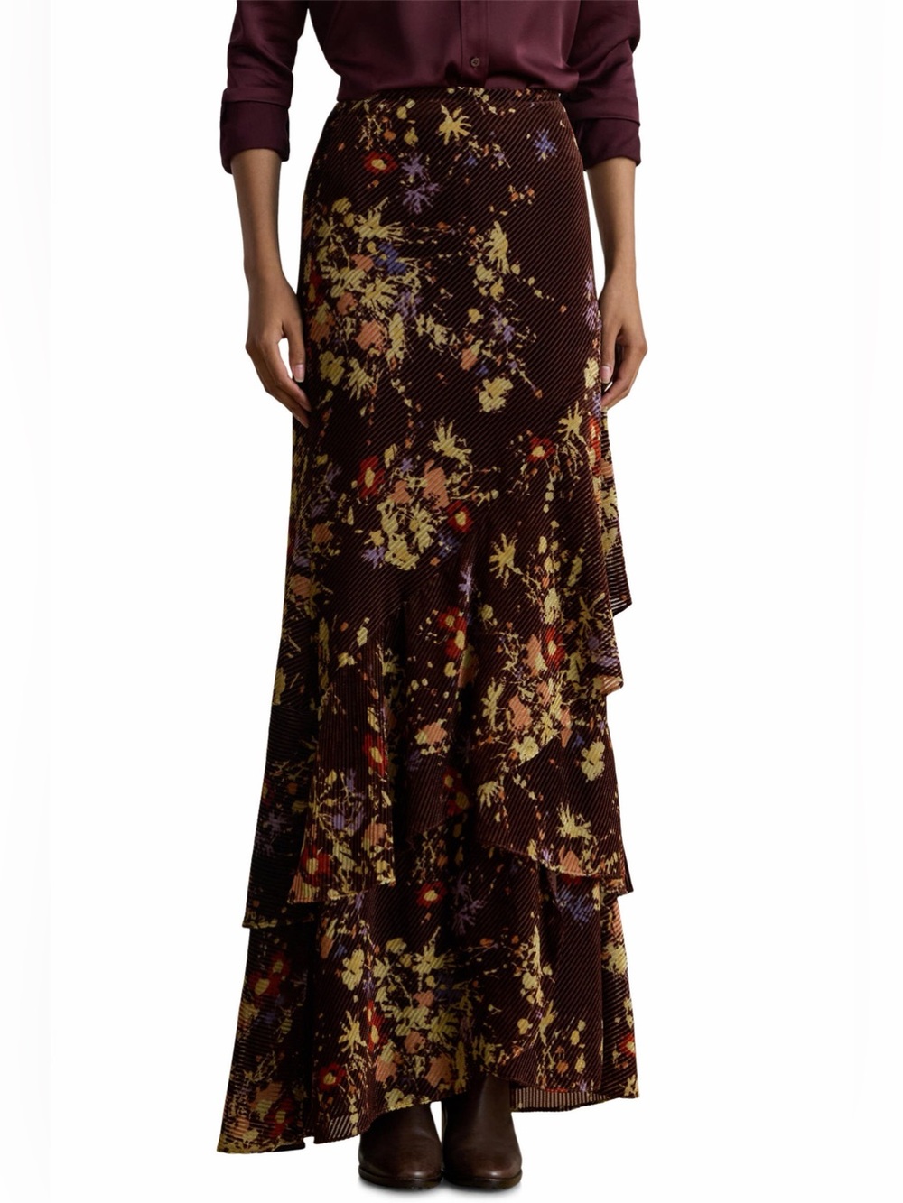 NWT Lauren Ralph Lauren Tiered Floral Velvet Burnout Maxi Skirt, Size 6